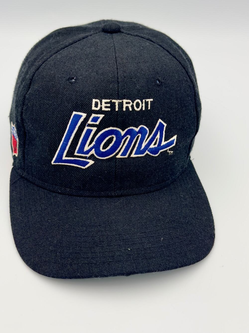 Vintage 90s Sports Specialties Detroit Lions Script Snapback Hat Black Wool Cap